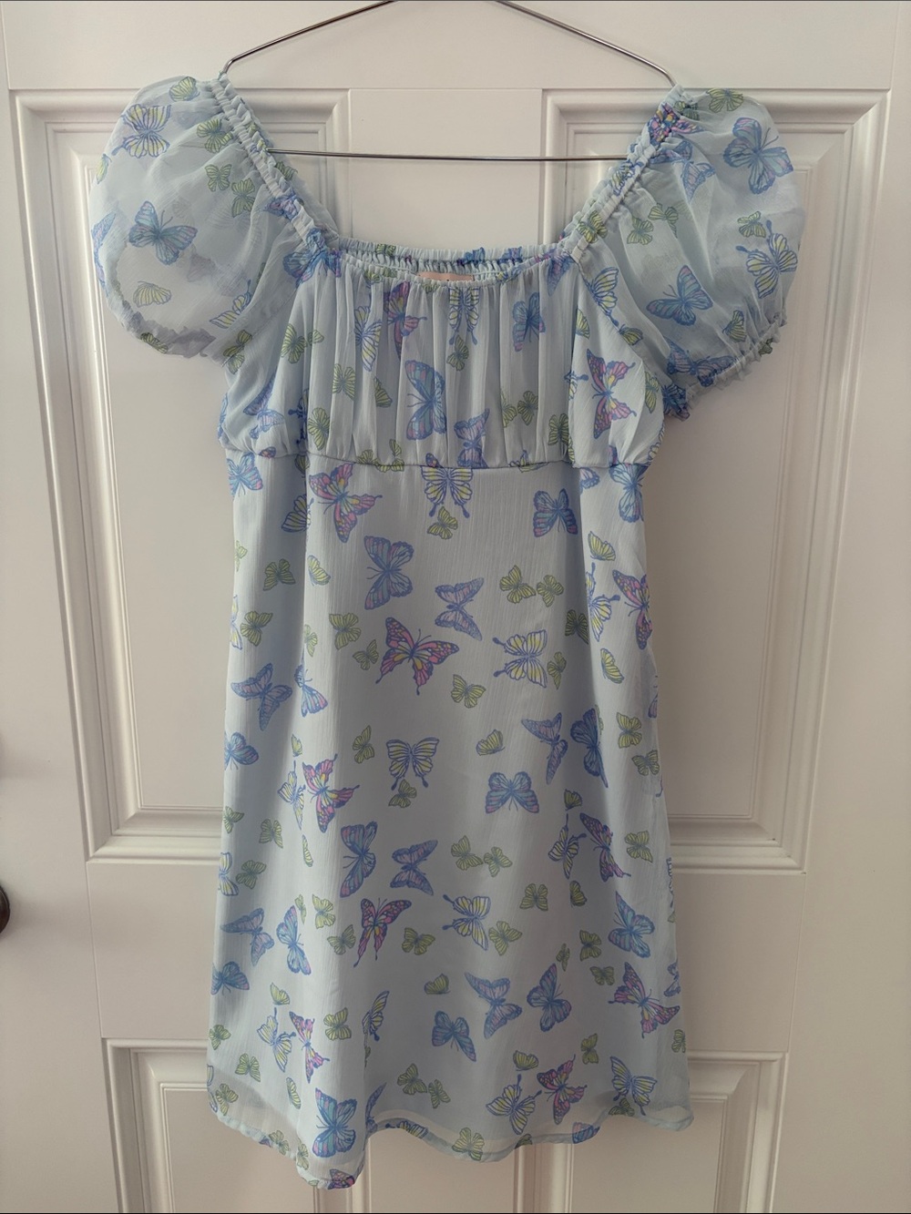 SO Light Blue Butterfly Puff Sleeve Dress